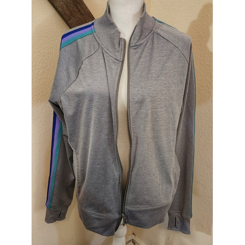 Athletic Gray Zip-Up Jacket with Teal, Purple, Blue Stripe Accents XL